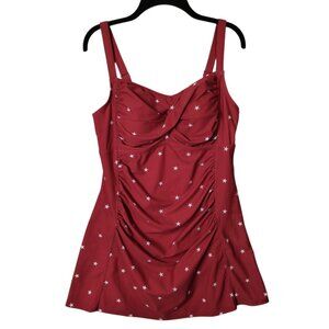 Denim & Co. Stars Ruched Sweetheart Swim Dress Modest Swimsuit Red Size 10
